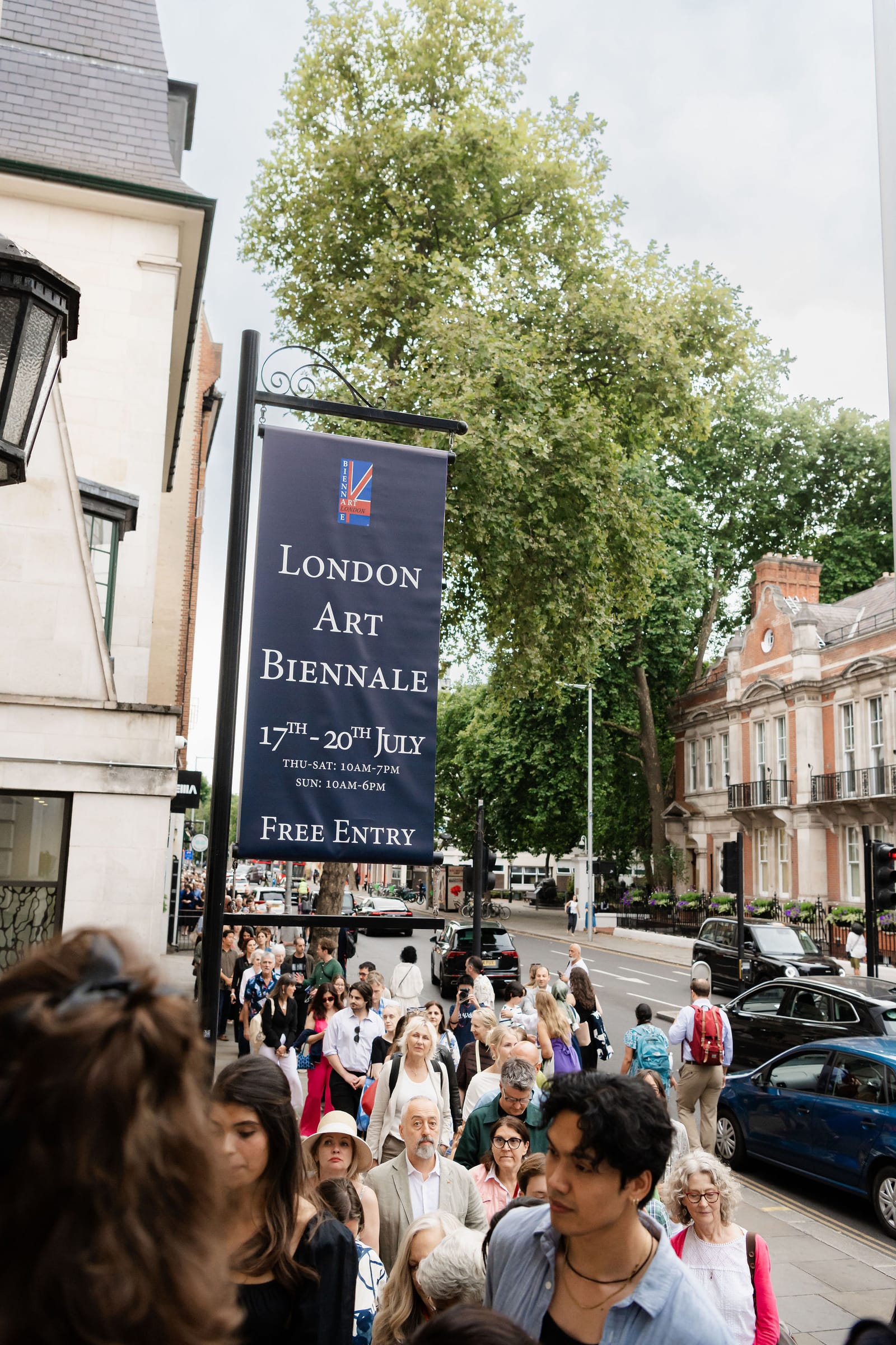 A London Art Biennale banner on the King’s Road outside Chelsea Old Town Hall.