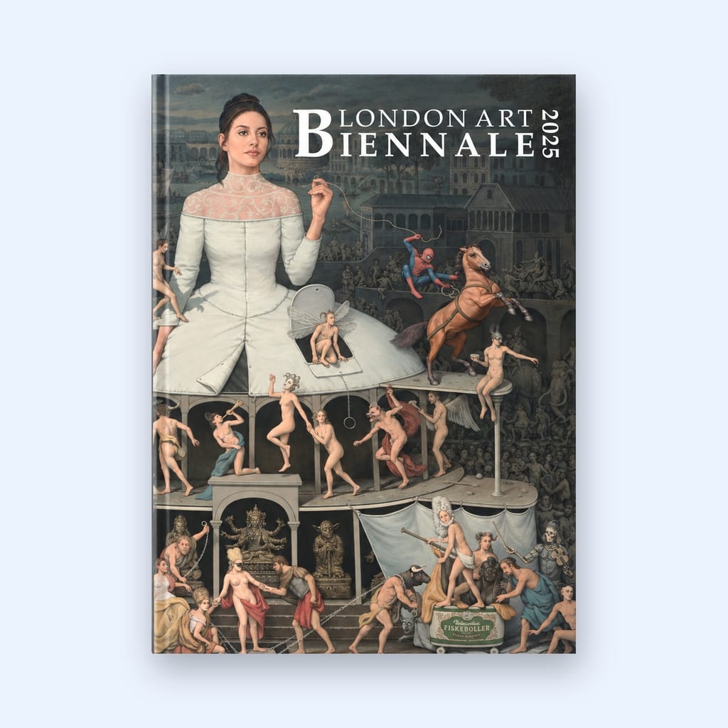 The London Art Biennale 2025 catalogue, a hardback, standing against a pale blue ground.